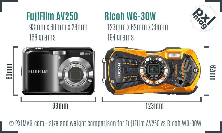 FujiFilm AV250 vs Ricoh WG-30W size comparison FujiFilm AV250 vs Ricoh WG-30W size comparison