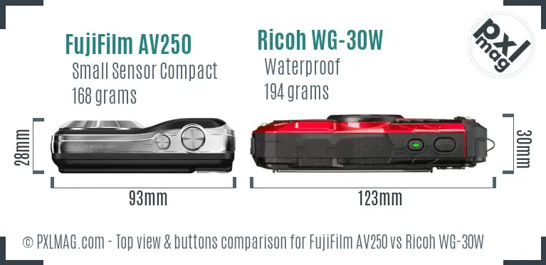 FujiFilm AV250 vs Ricoh WG-30W top view buttons comparison FujiFilm AV250 vs Ricoh WG-30W top view buttons comparison