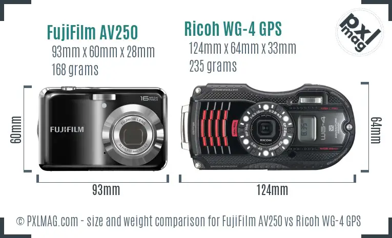 FujiFilm AV250 vs Ricoh WG-4 GPS size comparison