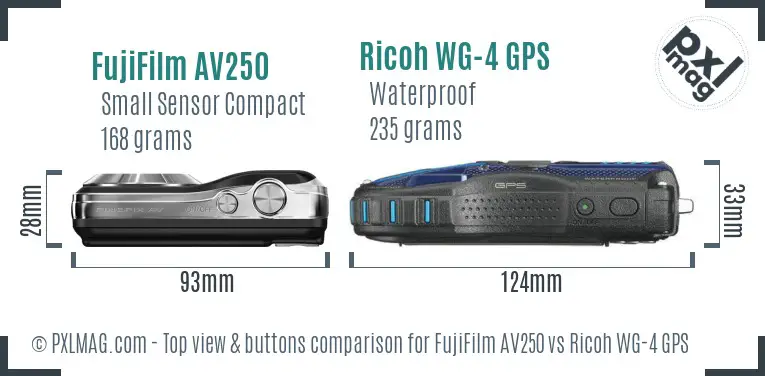 FujiFilm AV250 vs Ricoh WG-4 GPS top view buttons comparison