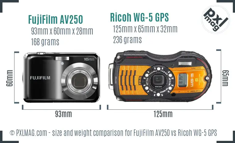 FujiFilm AV250 vs Ricoh WG-5 GPS size comparison