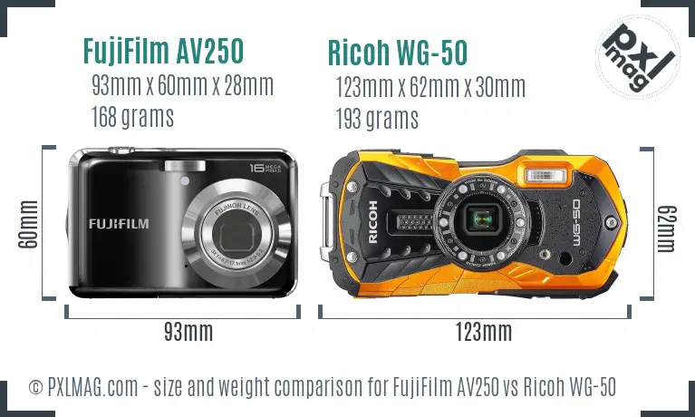 FujiFilm AV250 vs Ricoh WG-50 size comparison