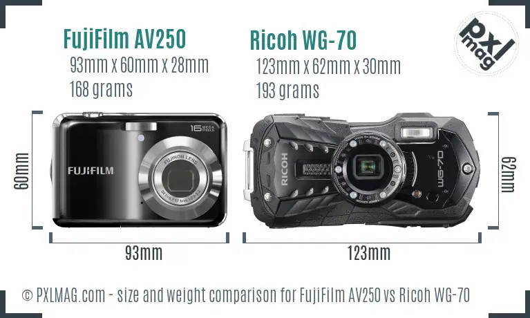 FujiFilm AV250 vs Ricoh WG-70 size comparison
