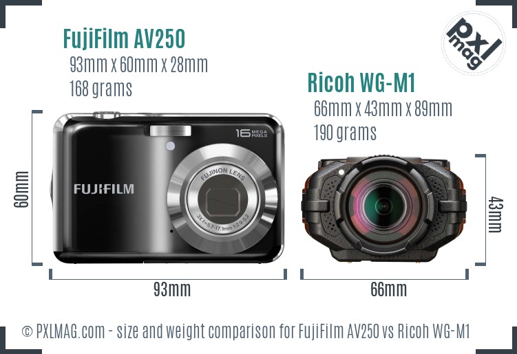 FujiFilm AV250 vs Ricoh WG-M1 size comparison