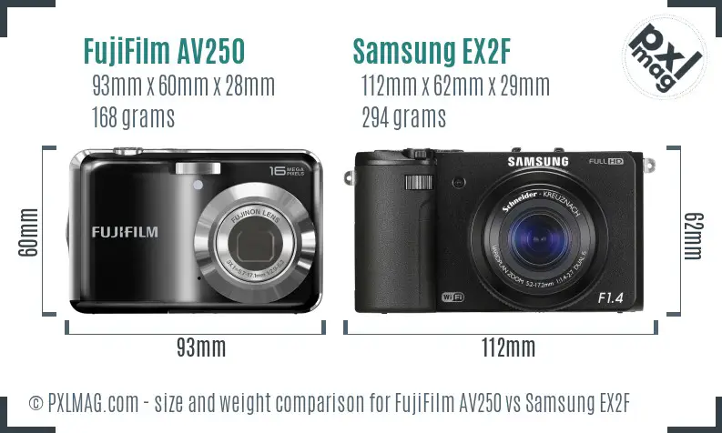 FujiFilm AV250 vs Samsung EX2F size comparison