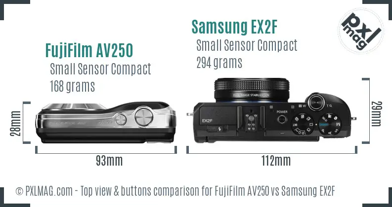 FujiFilm AV250 vs Samsung EX2F top view buttons comparison