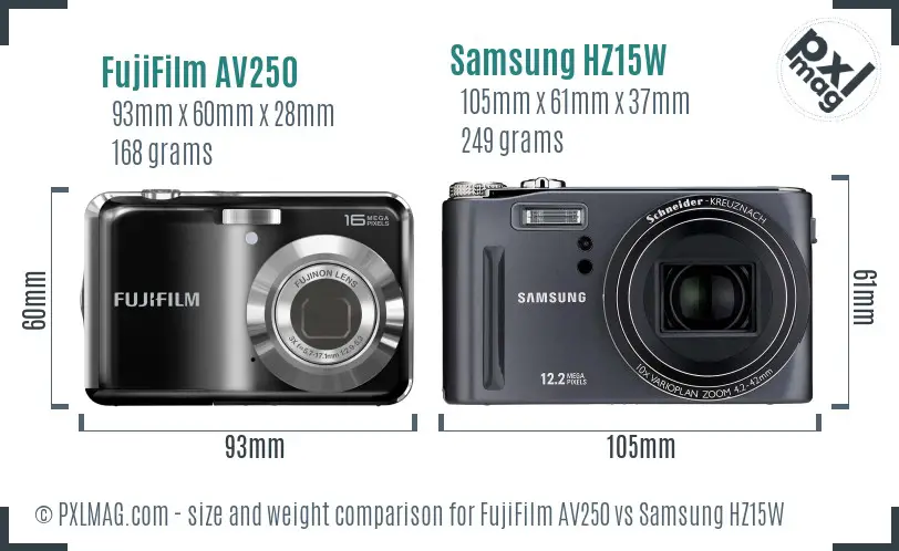 FujiFilm AV250 vs Samsung HZ15W size comparison