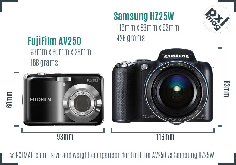FujiFilm AV250 vs Samsung HZ25W size comparison