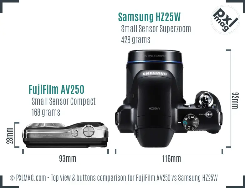 FujiFilm AV250 vs Samsung HZ25W top view buttons comparison