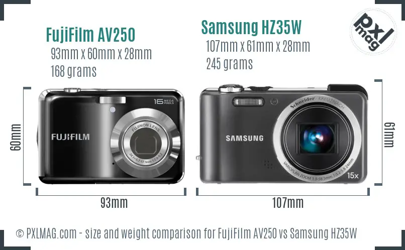 FujiFilm AV250 vs Samsung HZ35W size comparison