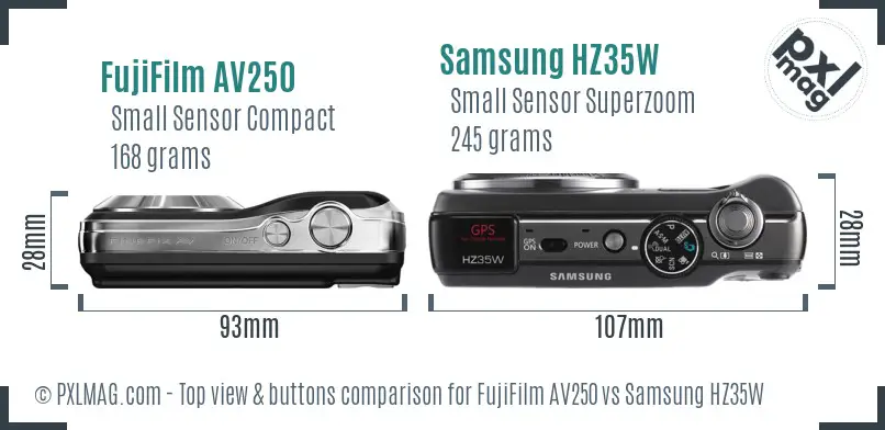 FujiFilm AV250 vs Samsung HZ35W top view buttons comparison