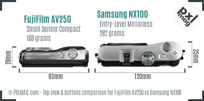FujiFilm AV250 vs Samsung NX100 top view buttons comparison