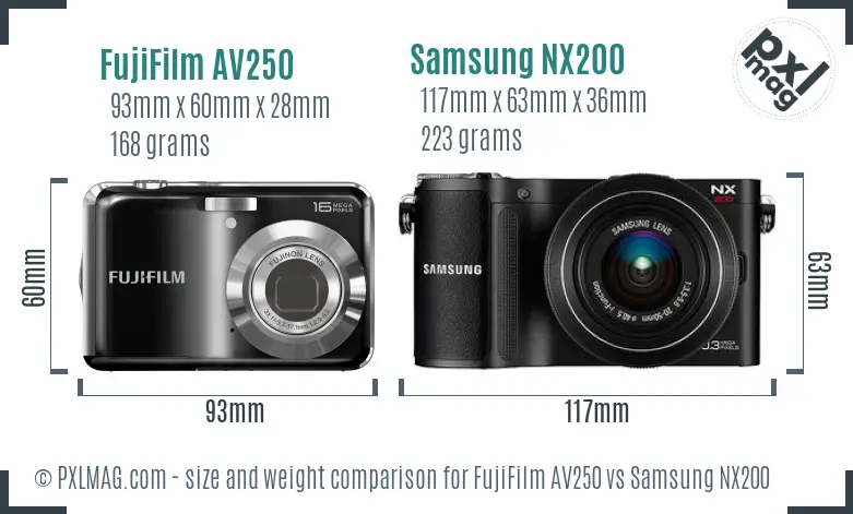 FujiFilm AV250 vs Samsung NX200 size comparison