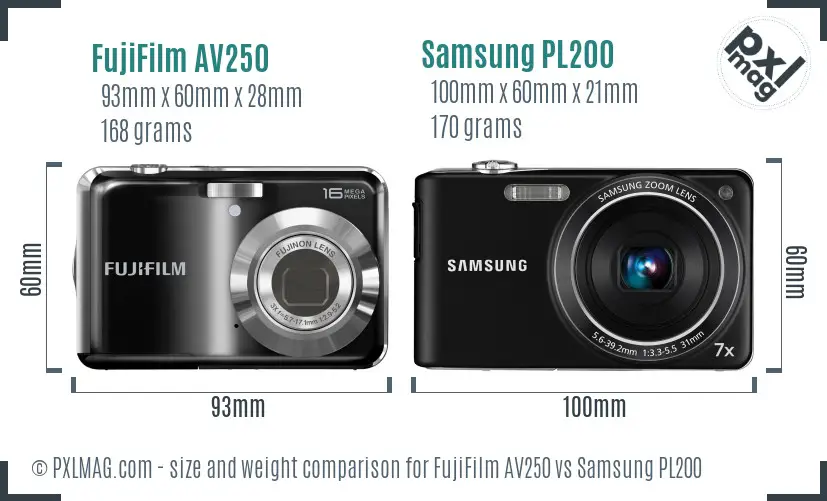 FujiFilm AV250 vs Samsung PL200 size comparison