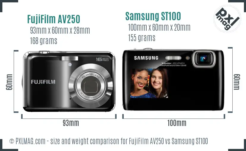 FujiFilm AV250 vs Samsung ST100 size comparison
