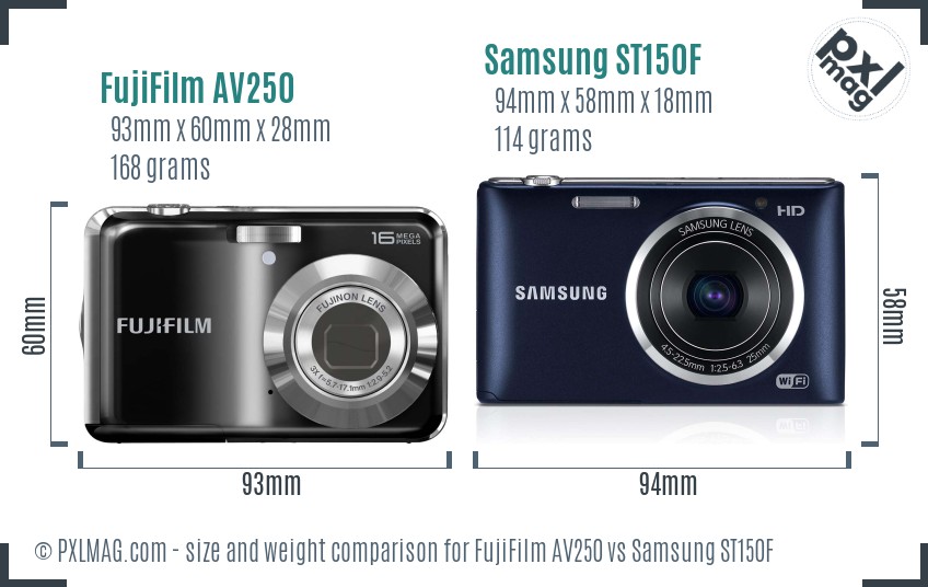 FujiFilm AV250 vs Samsung ST150F size comparison