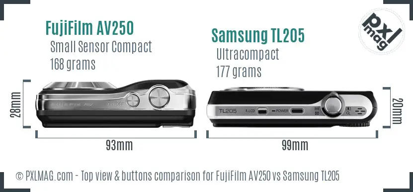 FujiFilm AV250 vs Samsung TL205 top view buttons comparison FujiFilm AV250 vs Samsung TL205 top view buttons comparison