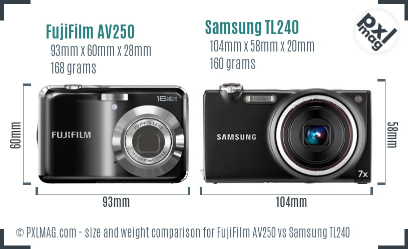 FujiFilm AV250 vs Samsung TL240 size comparison FujiFilm AV250 vs Samsung TL240 size comparison
