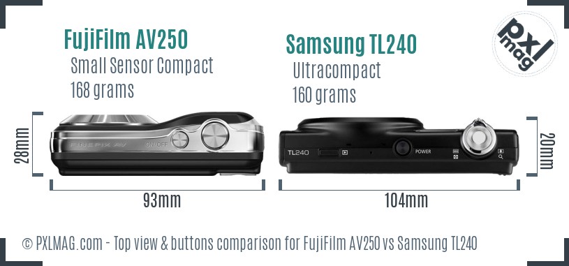 FujiFilm AV250 vs Samsung TL240 top view buttons comparison