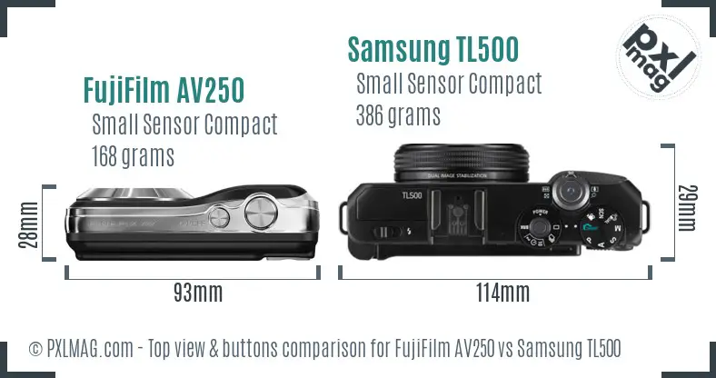 FujiFilm AV250 vs Samsung TL500 top view buttons comparison