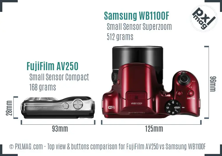 FujiFilm AV250 vs Samsung WB1100F top view buttons comparison FujiFilm AV250 vs Samsung WB1100F top view buttons comparison