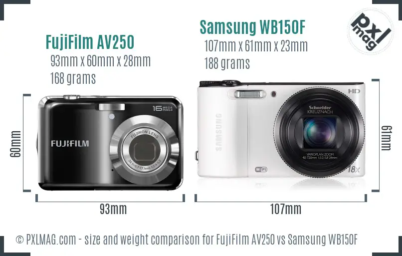 FujiFilm AV250 vs Samsung WB150F size comparison