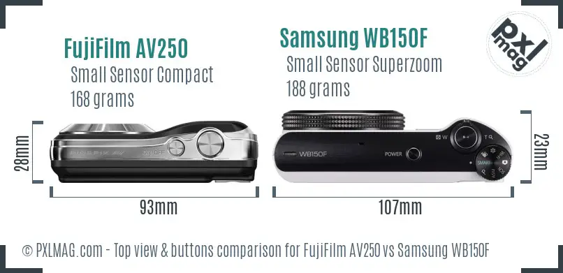 FujiFilm AV250 vs Samsung WB150F top view buttons comparison