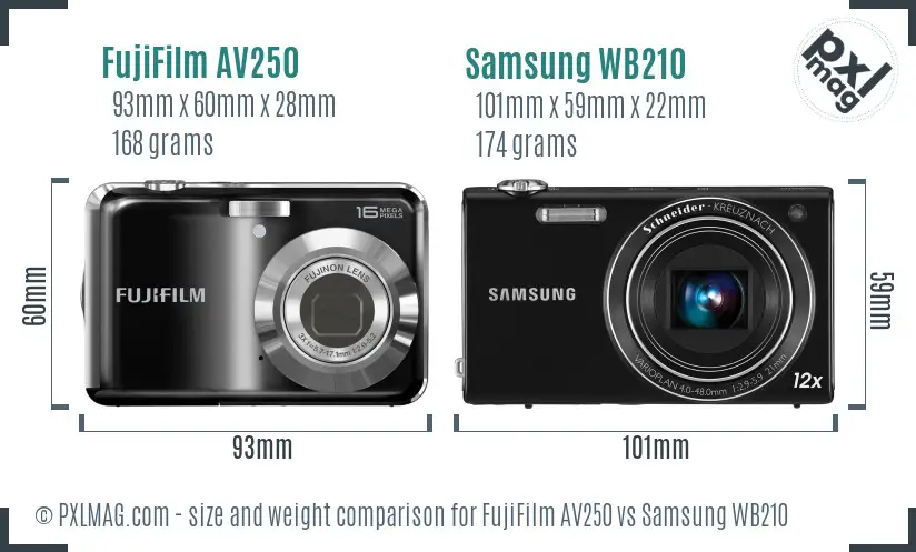 FujiFilm AV250 vs Samsung WB210 size comparison
