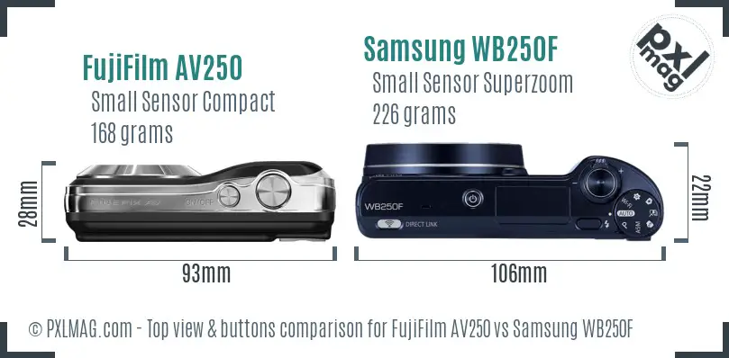 FujiFilm AV250 vs Samsung WB250F top view buttons comparison FujiFilm AV250 vs Samsung WB250F top view buttons comparison