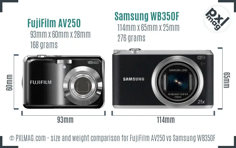 FujiFilm AV250 vs Samsung WB350F size comparison