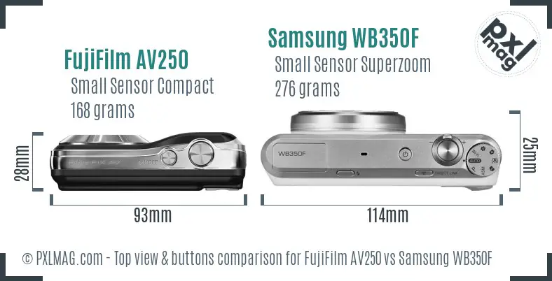 FujiFilm AV250 vs Samsung WB350F top view buttons comparison