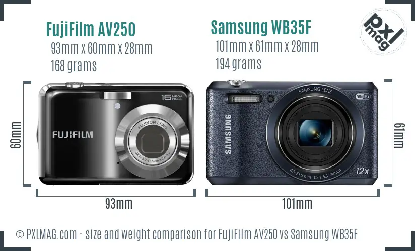 FujiFilm AV250 vs Samsung WB35F size comparison