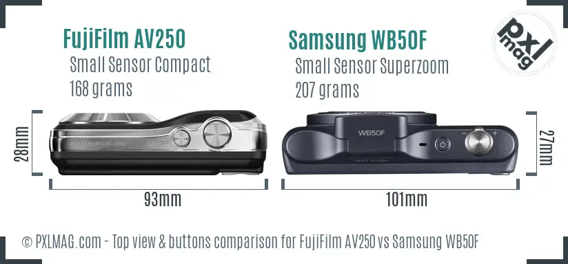 FujiFilm AV250 vs Samsung WB50F top view buttons comparison FujiFilm AV250 vs Samsung WB50F top view buttons comparison