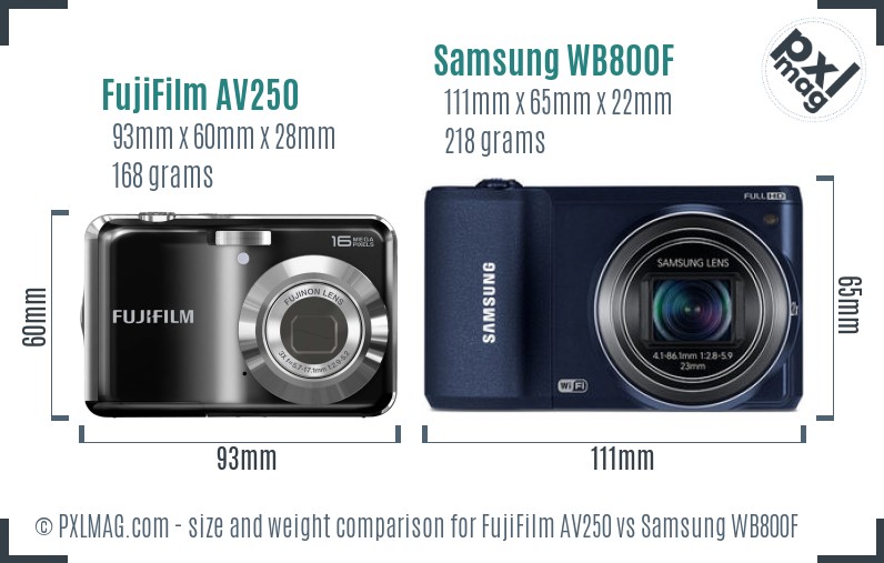 FujiFilm AV250 vs Samsung WB800F size comparison FujiFilm AV250 vs Samsung WB800F size comparison