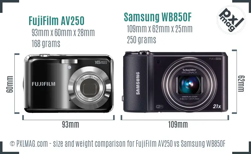 FujiFilm AV250 vs Samsung WB850F size comparison FujiFilm AV250 vs Samsung WB850F size comparison