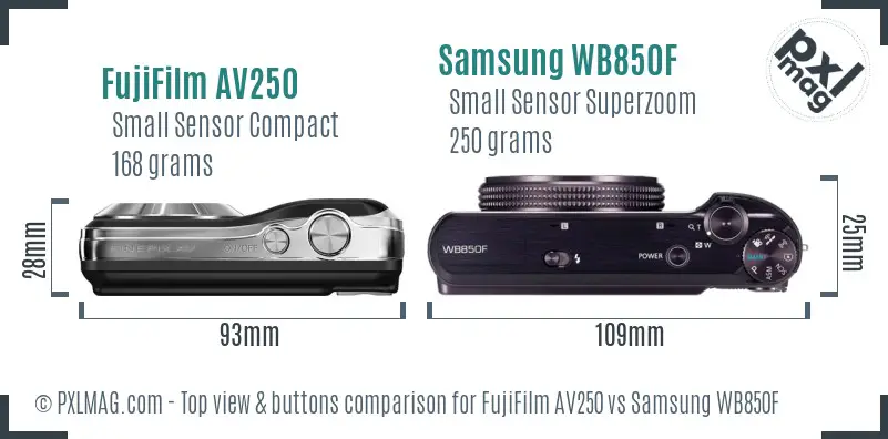 FujiFilm AV250 vs Samsung WB850F top view buttons comparison FujiFilm AV250 vs Samsung WB850F top view buttons comparison