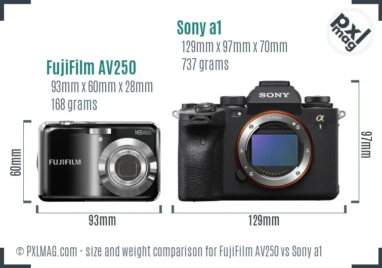 FujiFilm AV250 vs Sony a1 size comparison