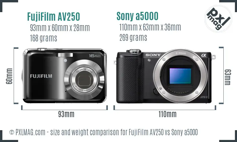 FujiFilm AV250 vs Sony a5000 size comparison