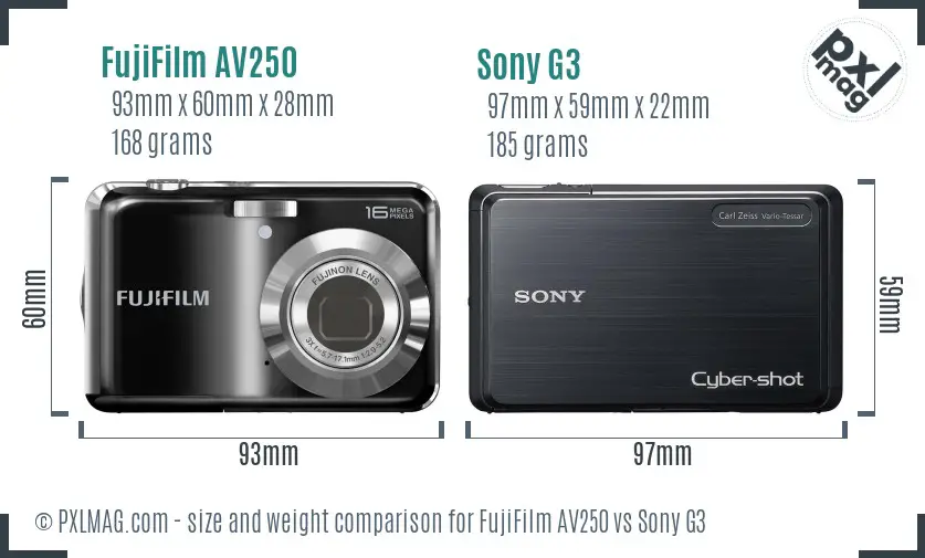 FujiFilm AV250 vs Sony G3 size comparison