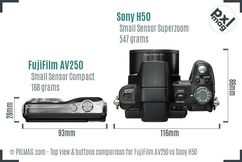 FujiFilm AV250 vs Sony H50 top view buttons comparison FujiFilm AV250 vs Sony H50 top view buttons comparison