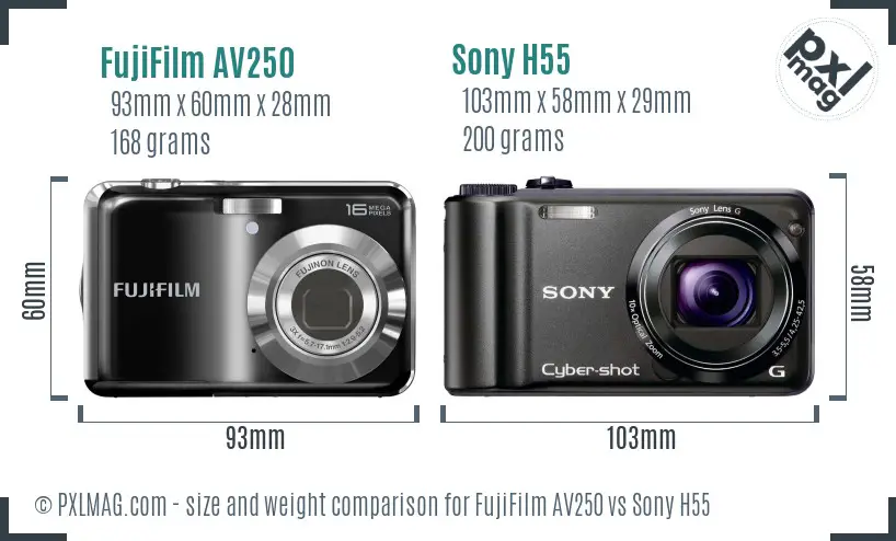 FujiFilm AV250 vs Sony H55 size comparison