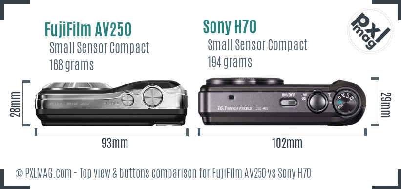 FujiFilm AV250 vs Sony H70 top view buttons comparison