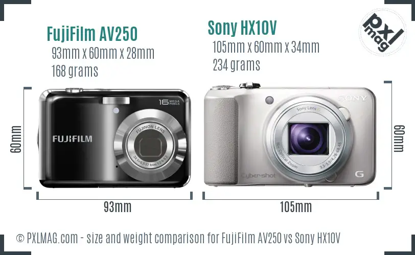 FujiFilm AV250 vs Sony HX10V size comparison