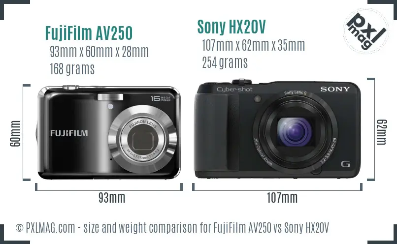 FujiFilm AV250 vs Sony HX20V size comparison