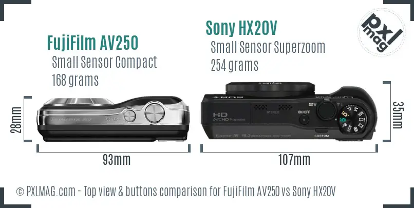 FujiFilm AV250 vs Sony HX20V top view buttons comparison