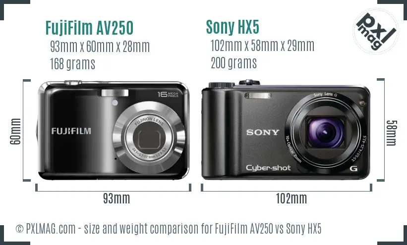 FujiFilm AV250 vs Sony HX5 size comparison FujiFilm AV250 vs Sony HX5 size comparison