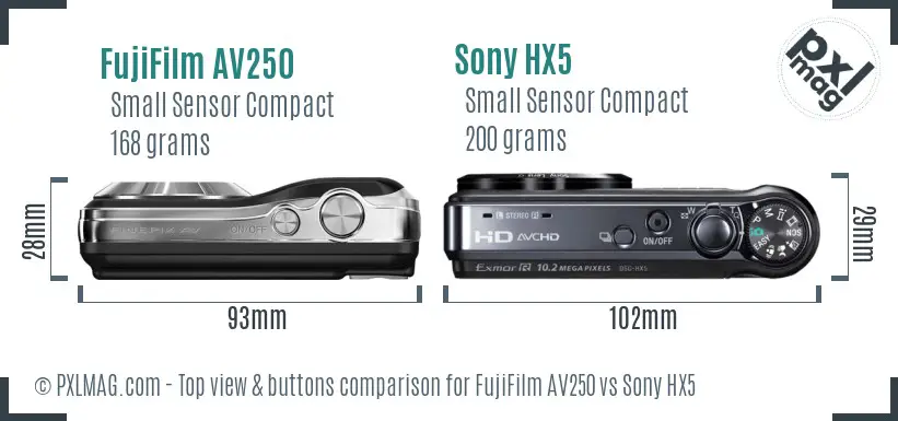 FujiFilm AV250 vs Sony HX5 top view buttons comparison FujiFilm AV250 vs Sony HX5 top view buttons comparison
