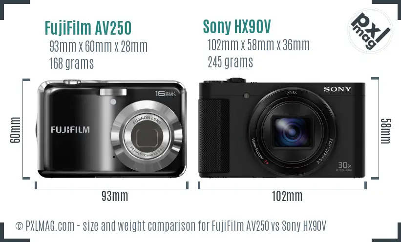 FujiFilm AV250 vs Sony HX90V size comparison