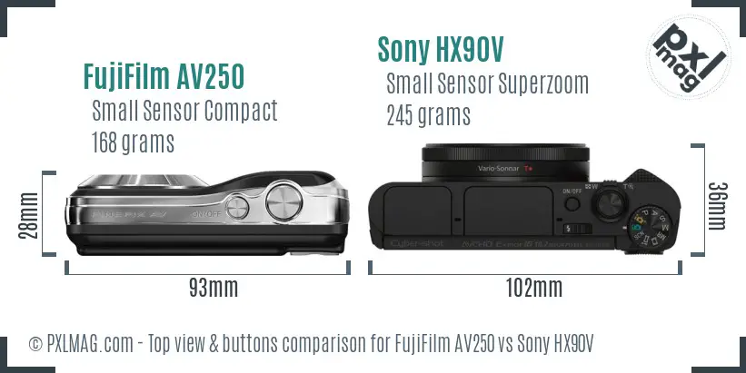 FujiFilm AV250 vs Sony HX90V top view buttons comparison