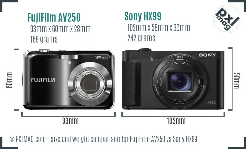 FujiFilm AV250 vs Sony HX99 size comparison